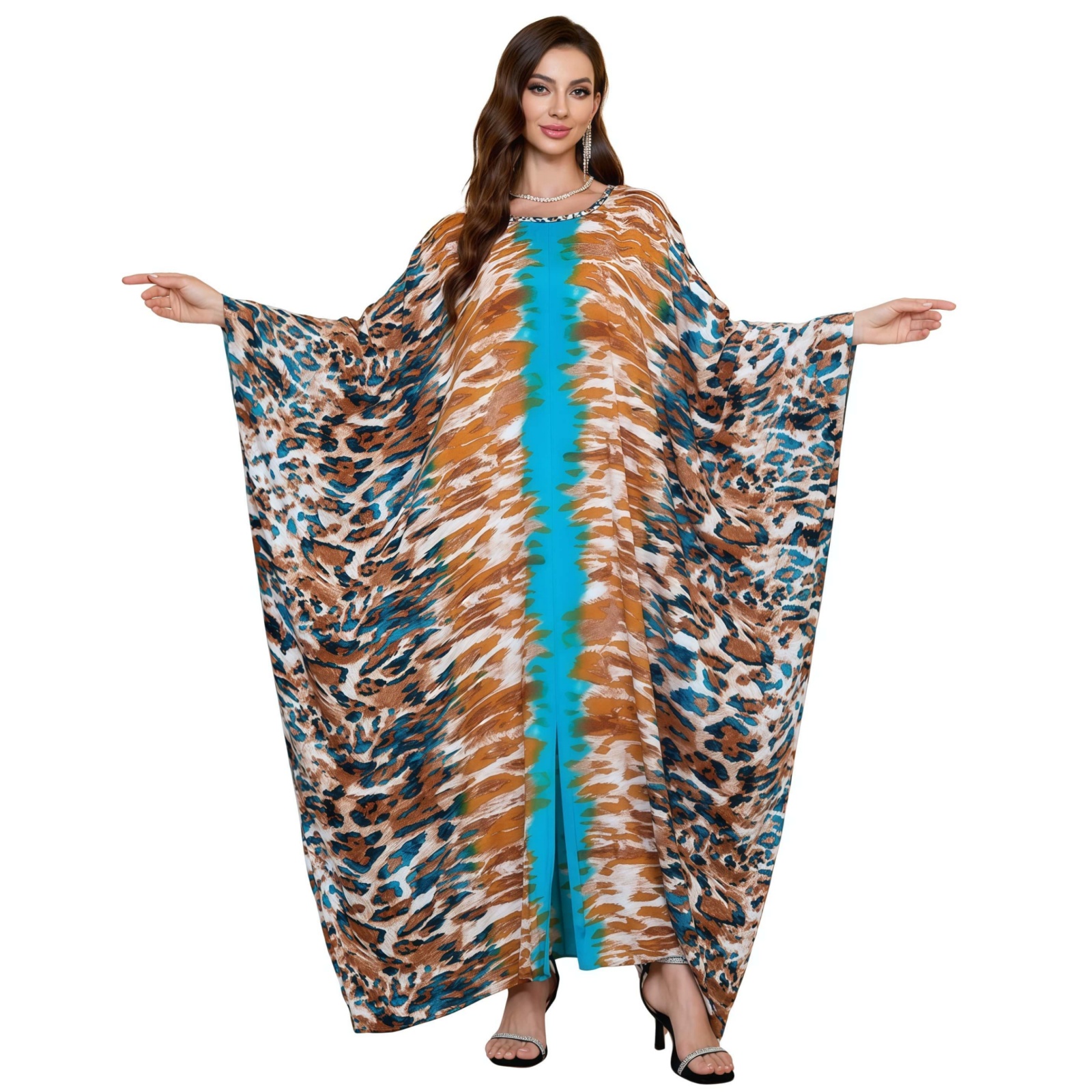 Geometric Pattern Kaftan Maxi Dress with Long Batwing Sleeves for Beach Cover Up